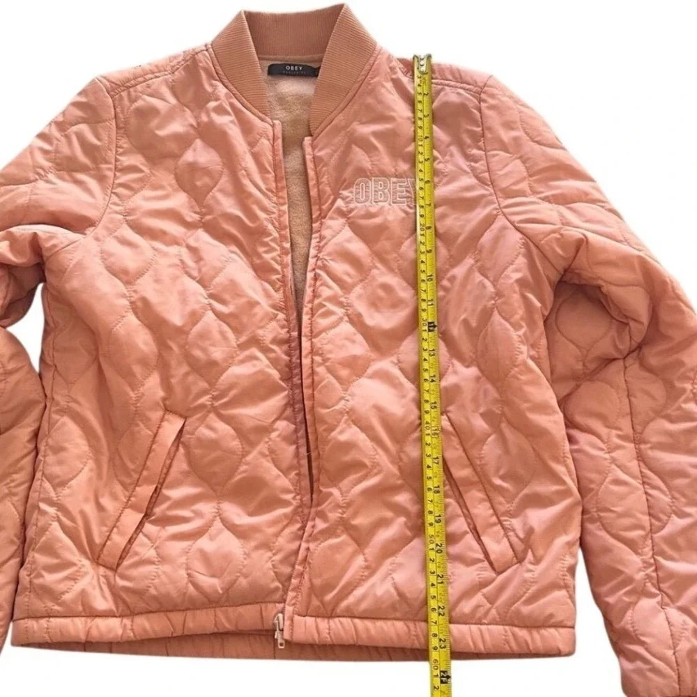 Obey Worldwide Quilted Pink Peach Embroidered Logo Fleece lined Puffer Jacket L - Picture 3 of 10